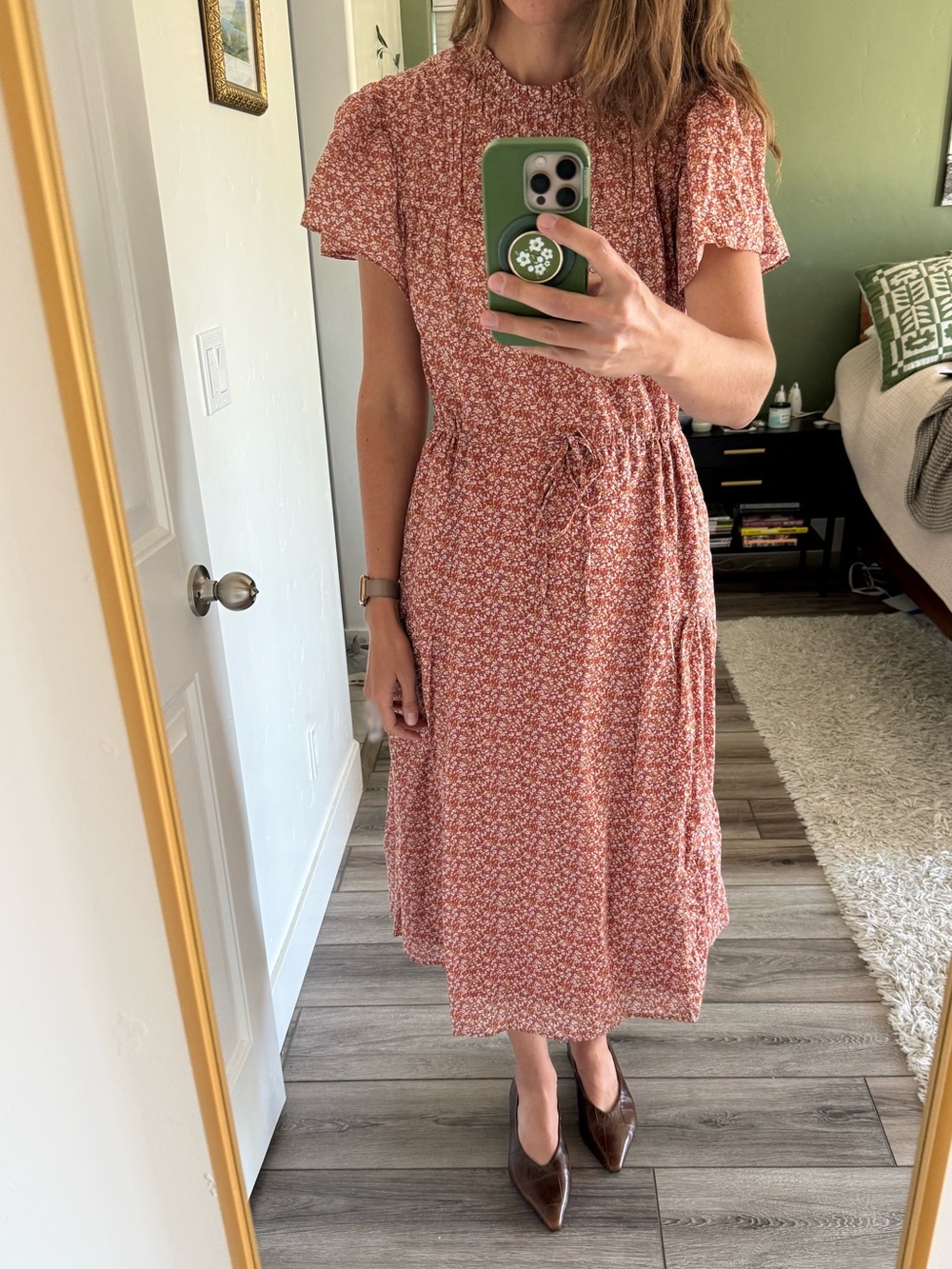 Trovata Nancy Floral Rust Midi Dress with Drawstring Waist
